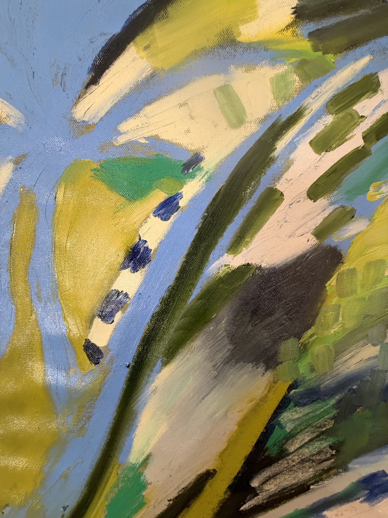 Close-up of Morning Glory, showing blue, green and yellow oil marks.