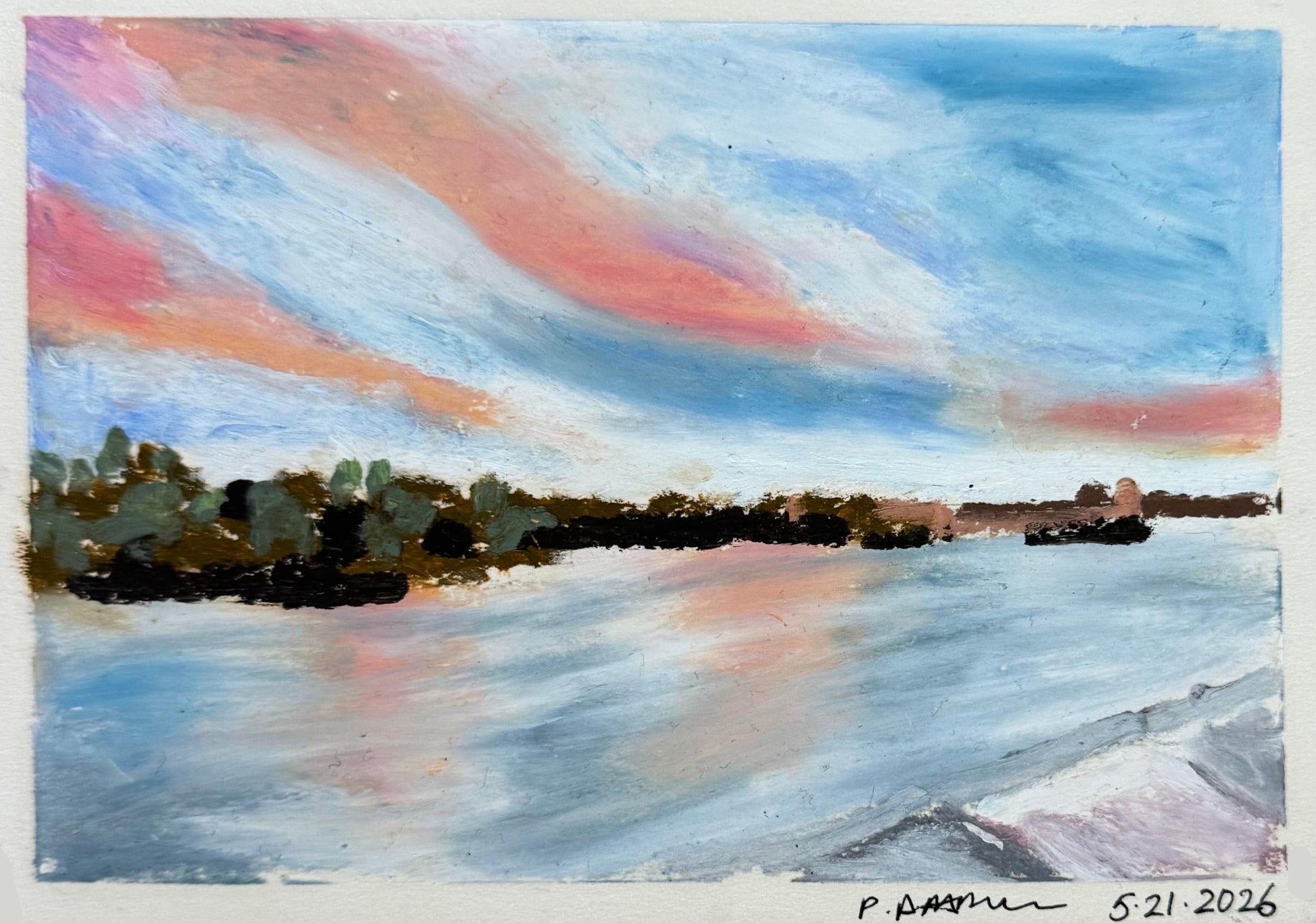 Artistic depiction of a sunset over water with trees in the background